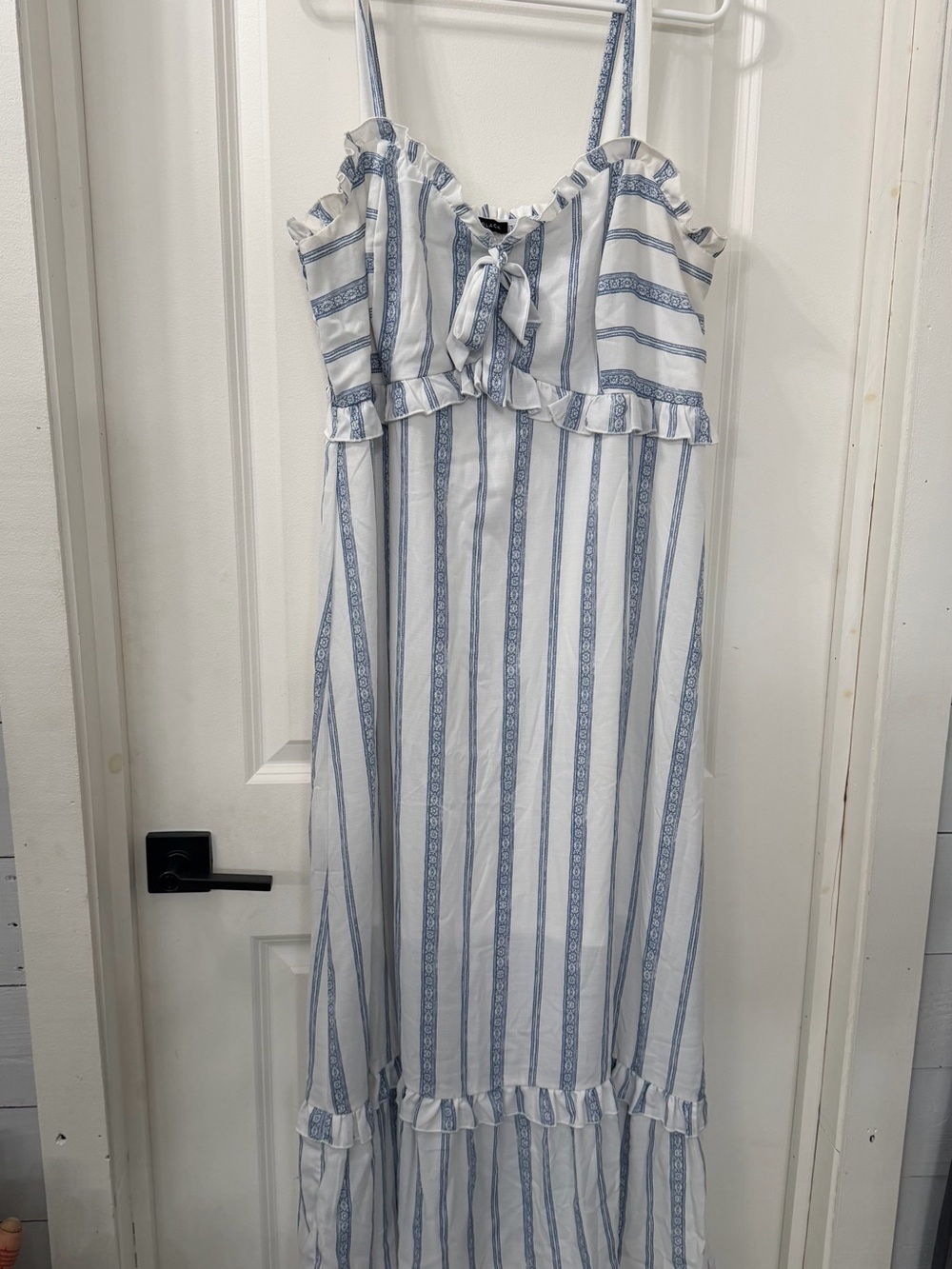 Womens Blue Striped Ruffle Maxi Dress